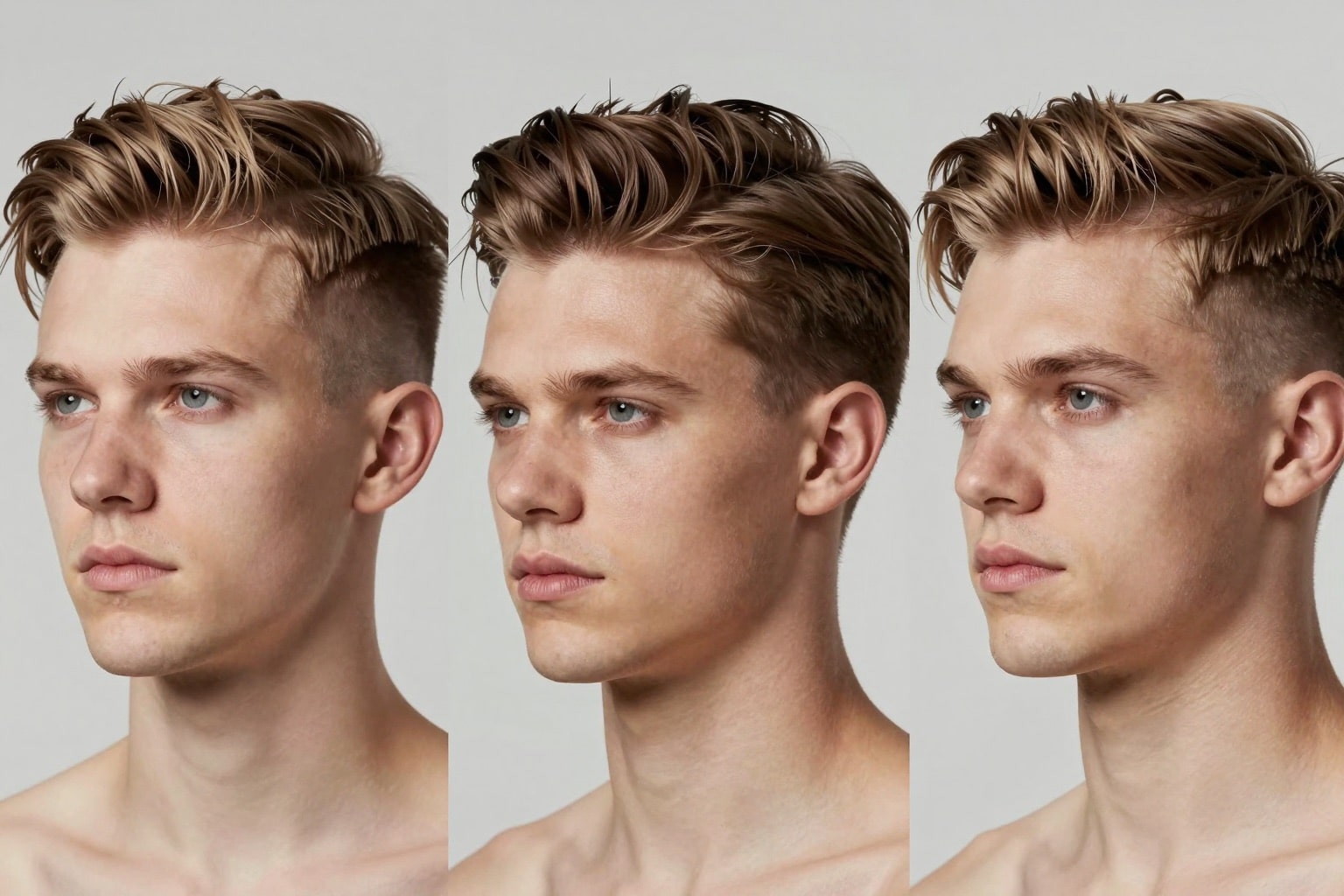 Drei europäische Männer mit modernen Männerfrisuren Undercut und Quiff in verschiedenen Ansichten