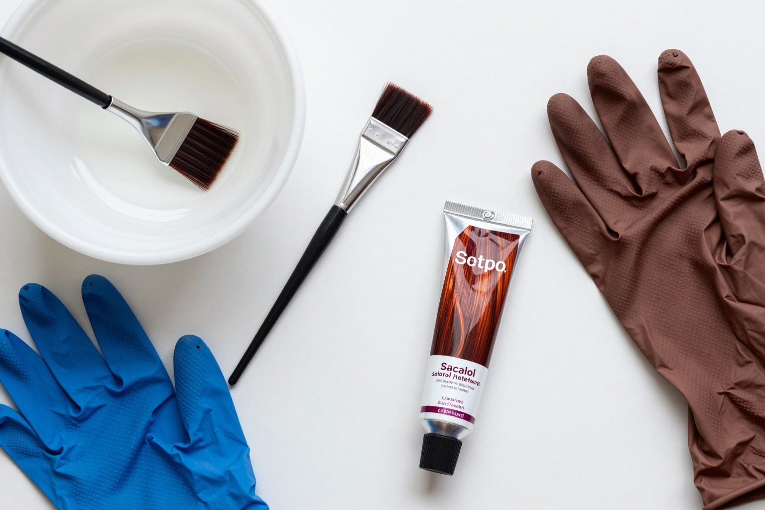 Färbeset für Mahagoni-Haarfarbe: Pinsel, Schale, Handschuhe und Tönung