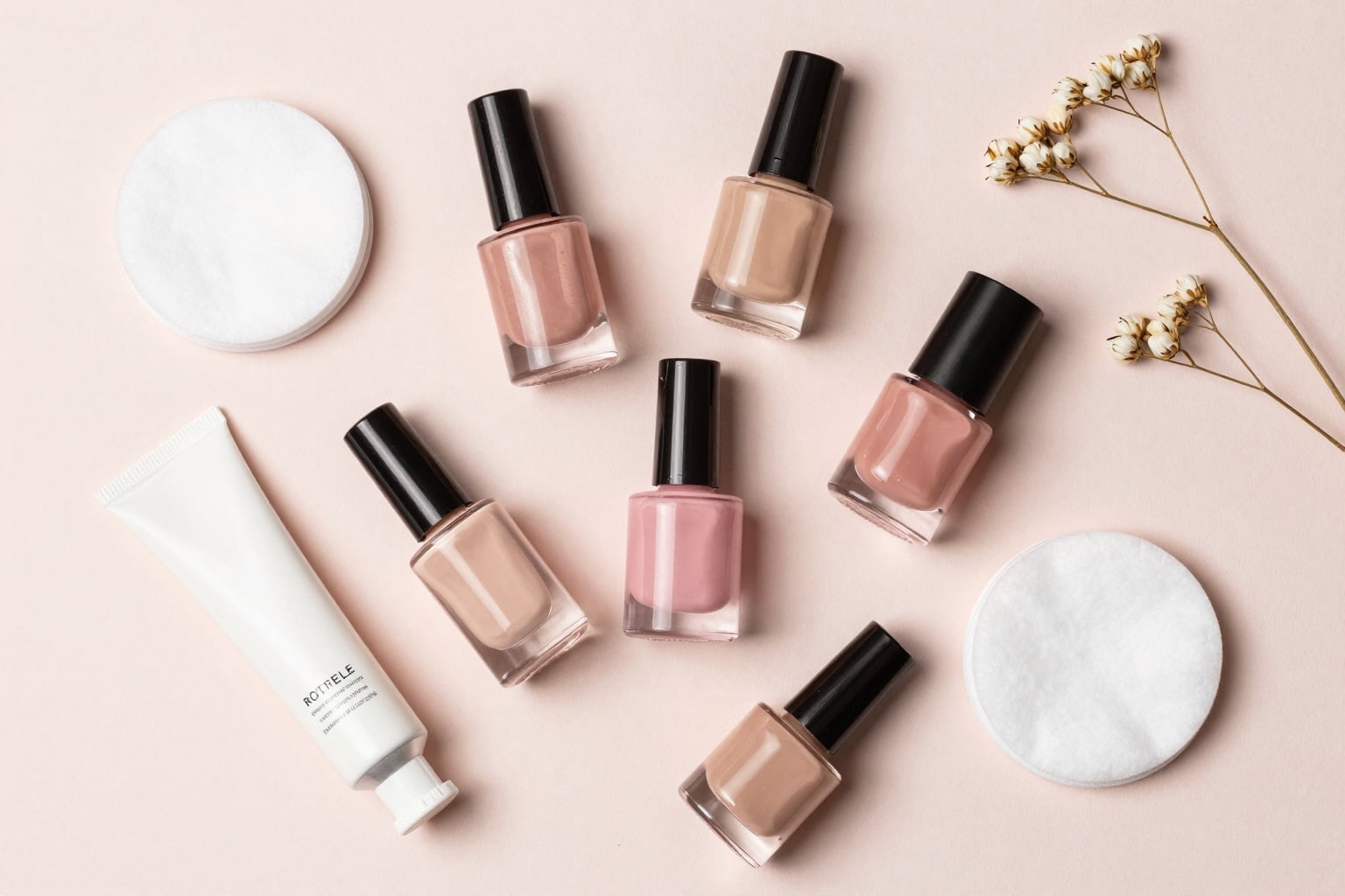Flatlay mit Nagellack in Nude- und Rosétönen, Nagelöl und Handcreme