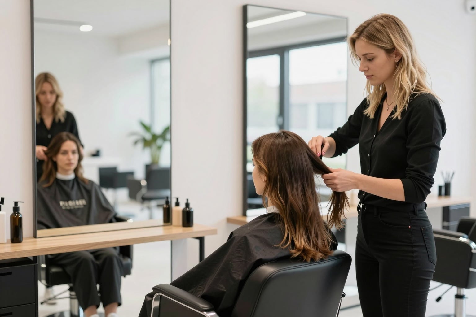 Heller Friseursalon in Mecklenburg-Vorpommern mit Stylistin bei der Arbeit