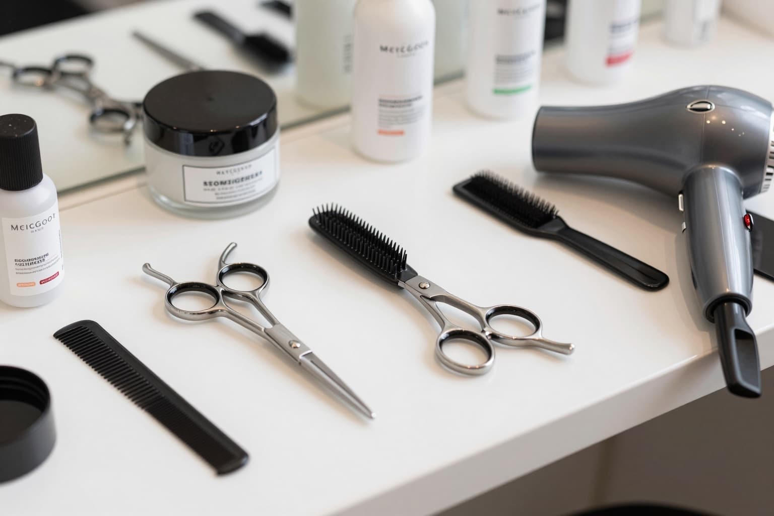 Professionelles Friseurwerkzeug ordentlich auf der Salonablage angerichtet