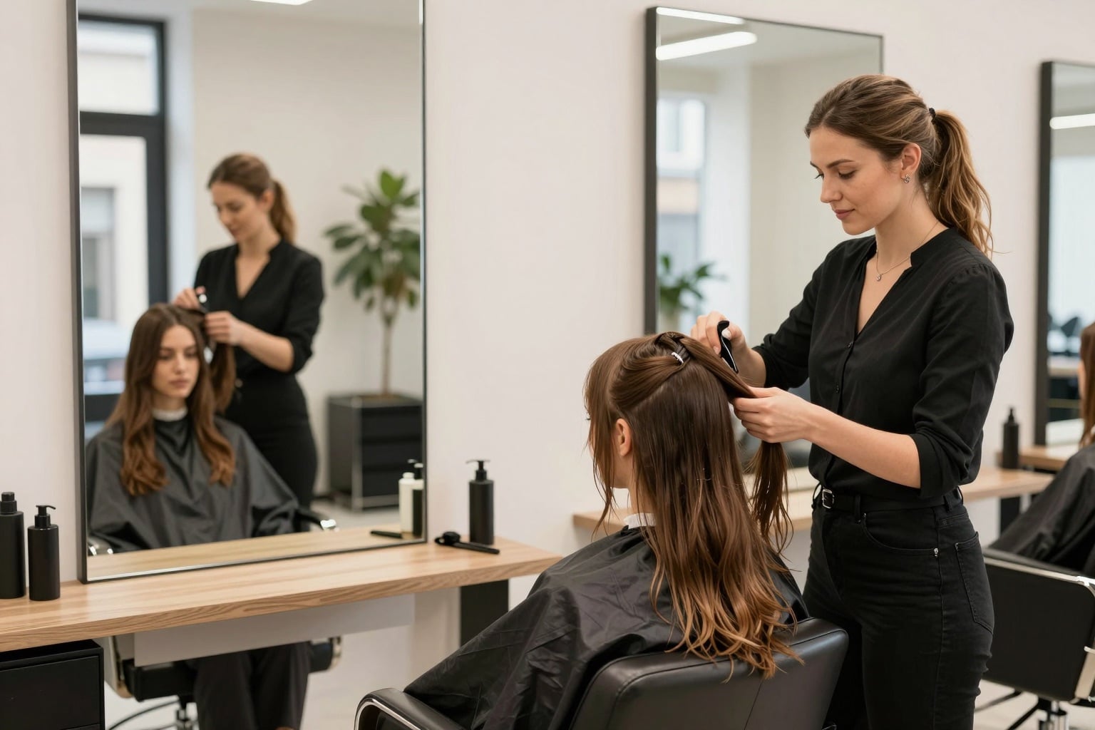 Modernes Friseursalon-Interieur in Niedersachsen mit Friseurin und Kundin am Spiegelplatz