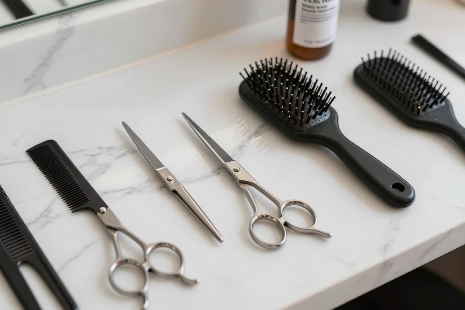 Professionelle Friseurwerkzeuge wie Schere, Kamm und Bürste als Flatlay arrangiert