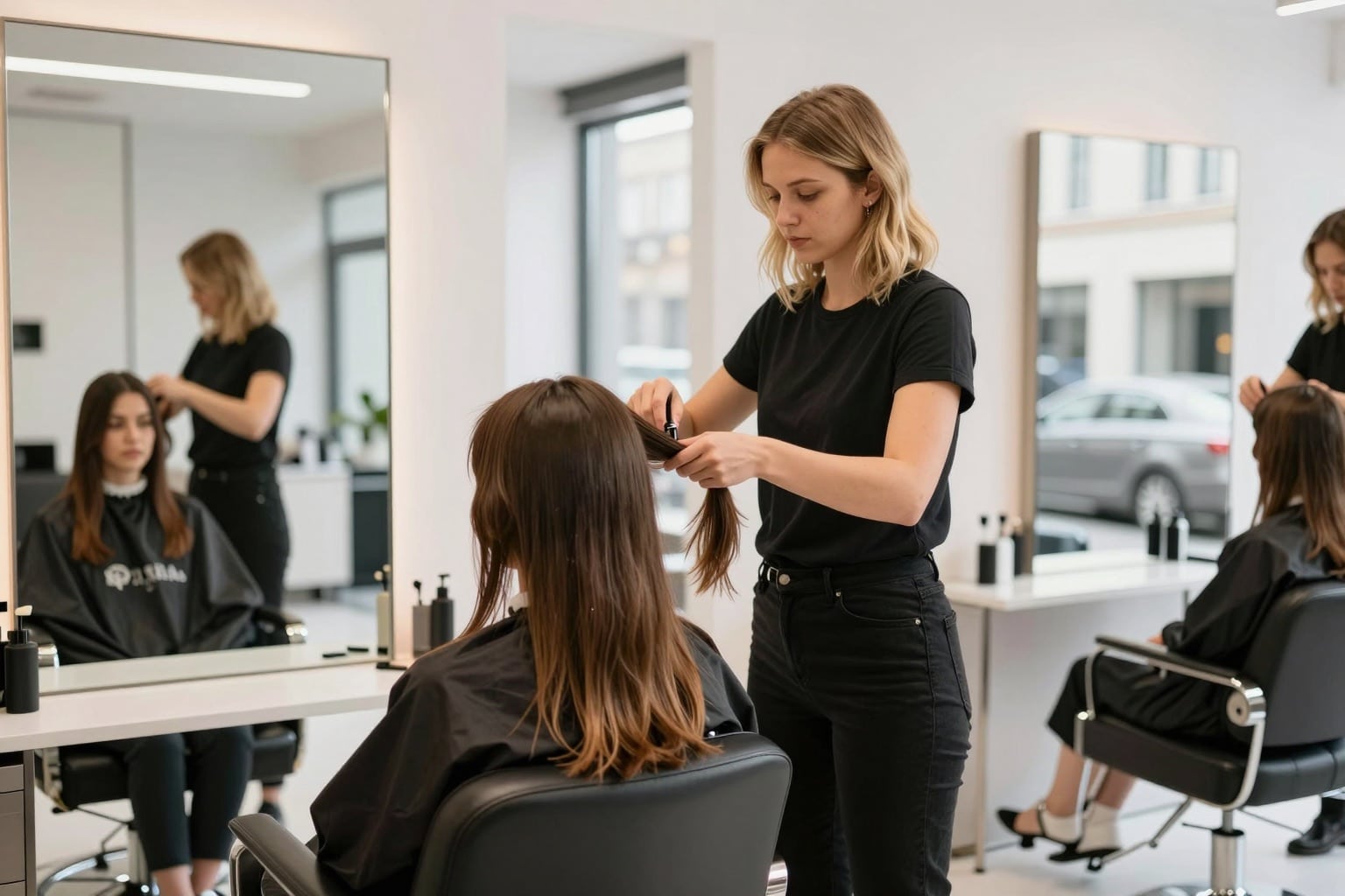 Friseurin in einem modernen Salon in Nordrhein-Westfalen stylt die Haare einer Kundin