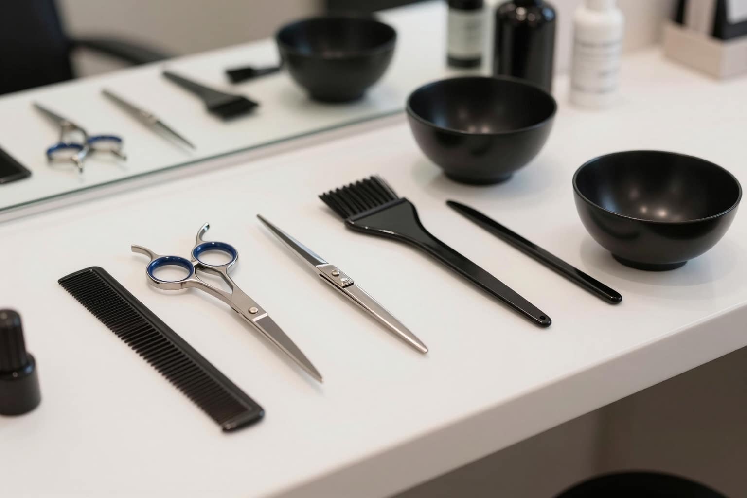 Professionelles Friseurwerkzeug mit Schere, Kamm und Farbpinseln auf einer Salontheke