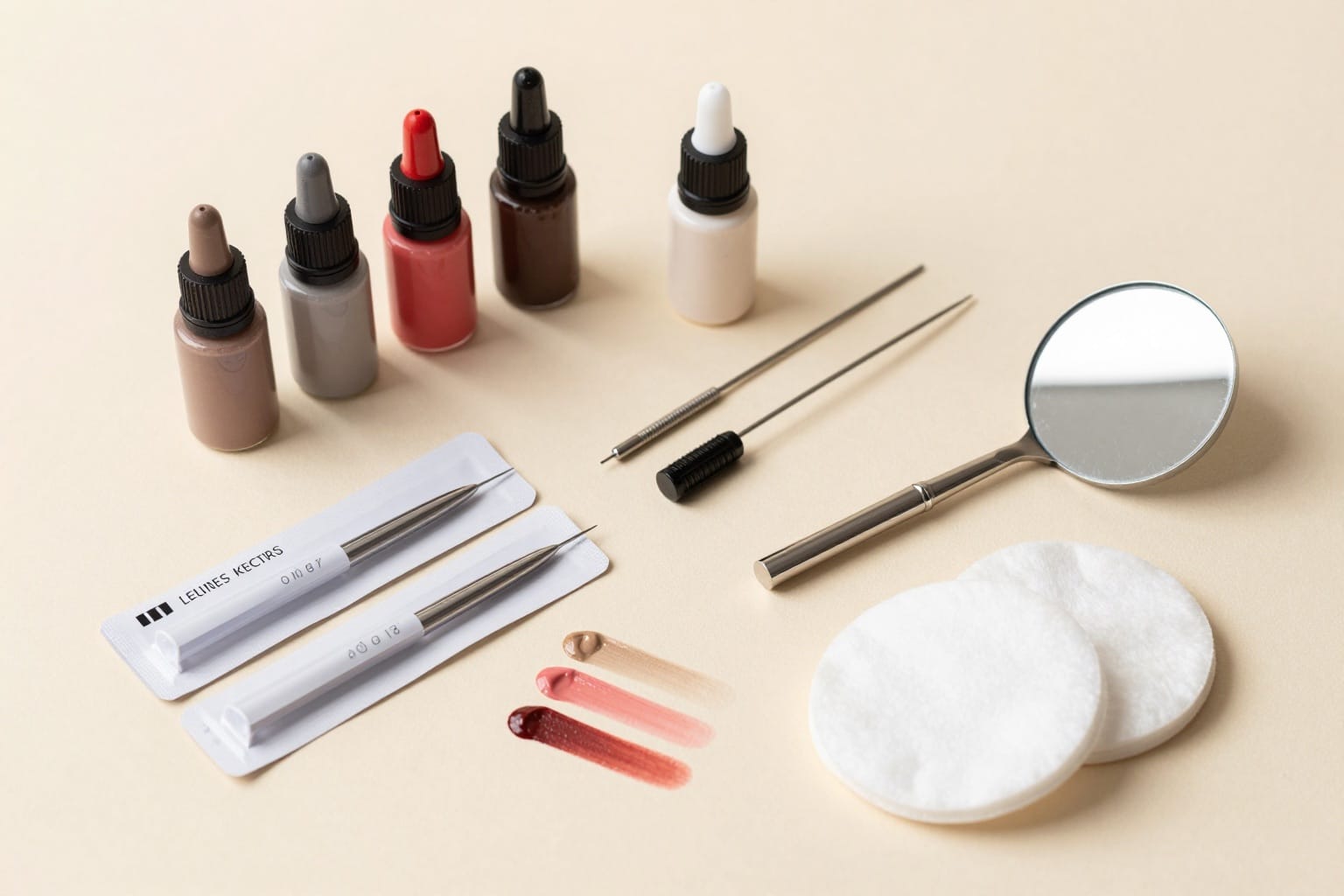 Flatlay mit Permanent-Make-up-Pigmenten, sterilen Nadeln, Spiegel und Wattepads auf beigem Hintergrund
