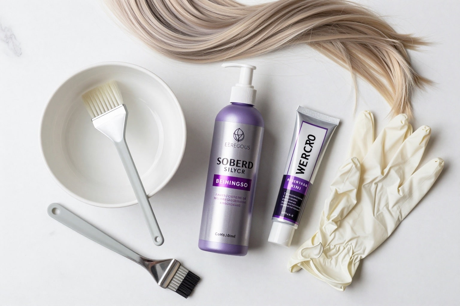 Färbeset für platinblonde Haare: Pinsel, Schale, Silbershampoo, Tube und Handschuhe