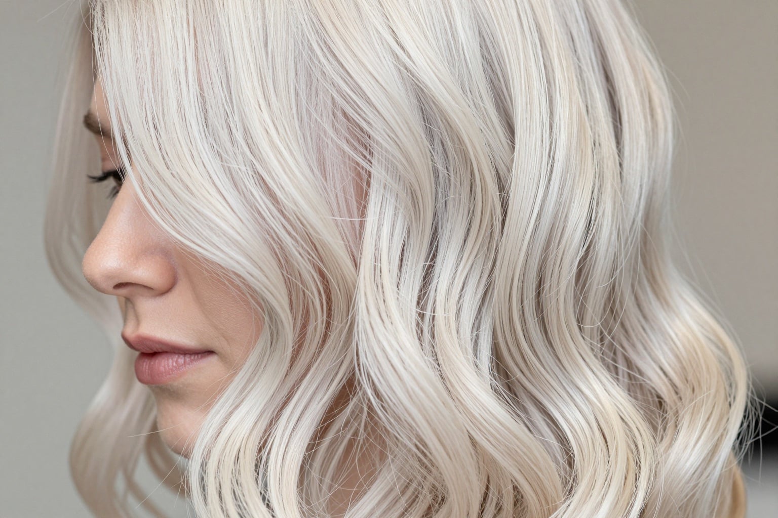 Platinblonde Haare in welligen Strähnen aus der Nähe, kühler grauweißer Ton