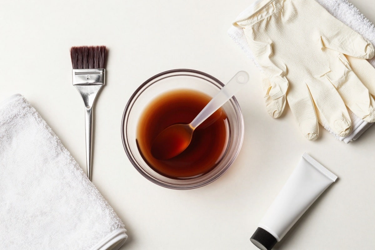 Färbeset für rotbraune Haare: Pinsel, Schale, Handschuhe und Tönung