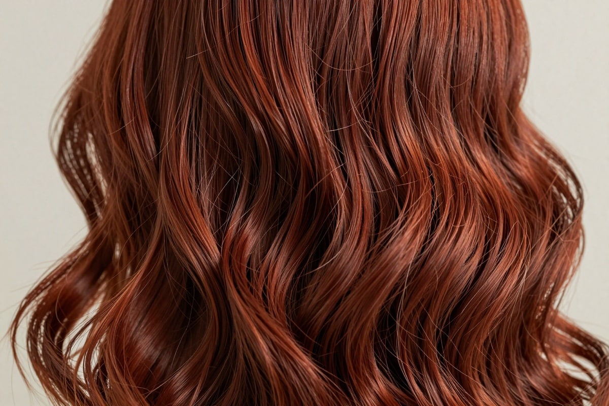 Glänzende rotbraune Haare in welligen Strähnen aus der Nähe