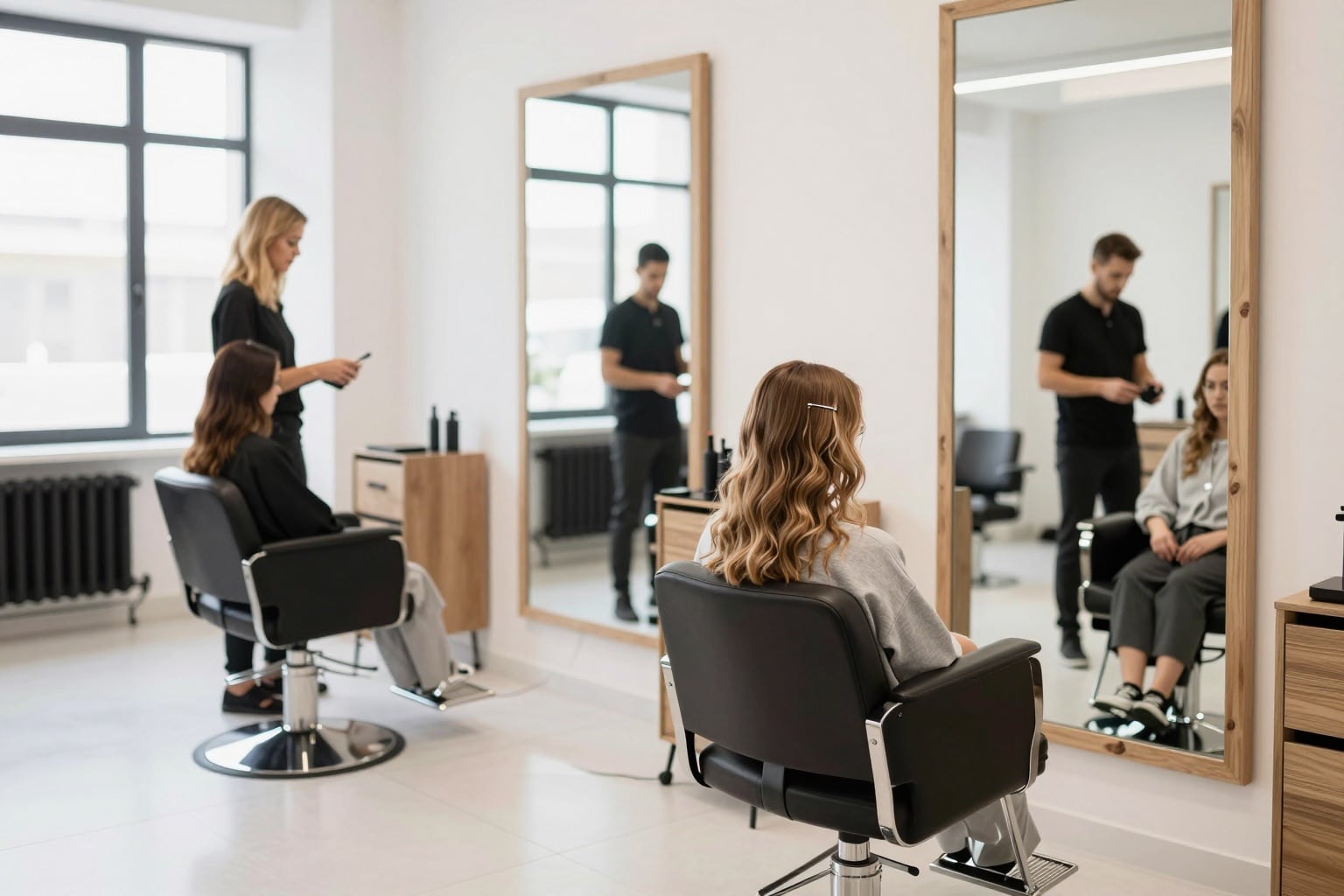 Heller moderner Friseursalon in Rheinland-Pfalz mit Stylingstühlen und Spiegeln