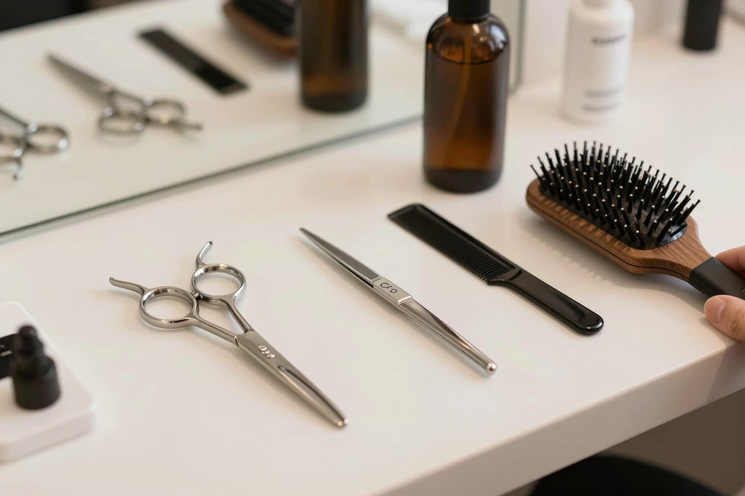 Friseurwerkzeug auf einer Salontheke: Schere, Kamm und Bürste