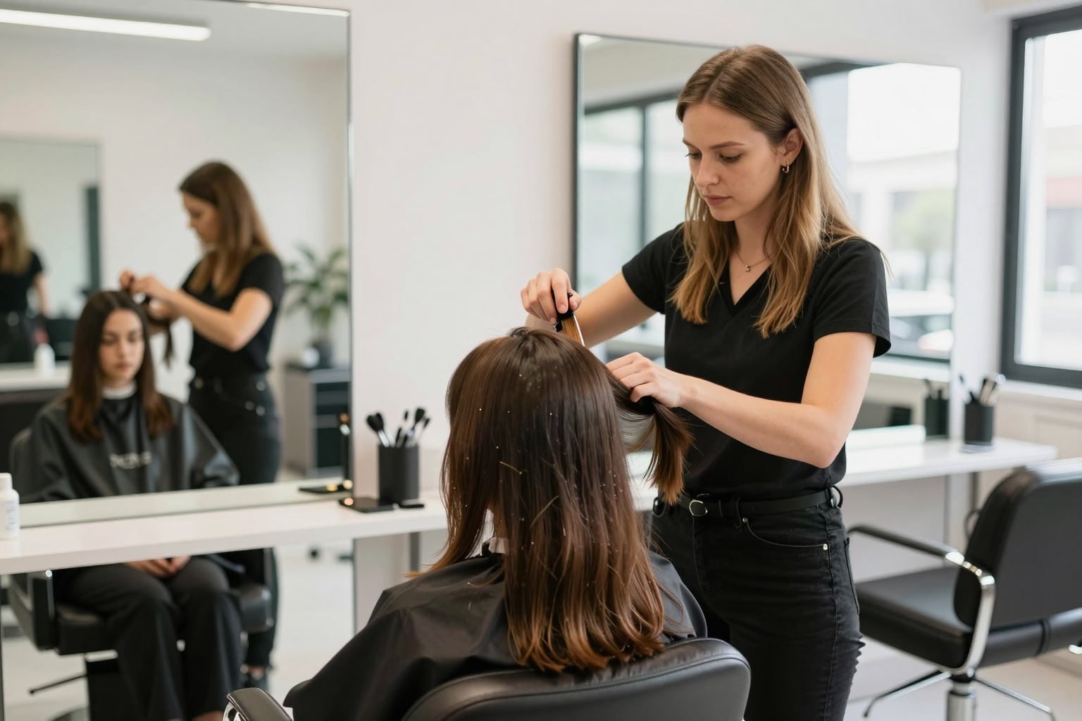 Europäische Friseurin schneidet einer Kundin in einem hellen Saarländer Salon die Haare