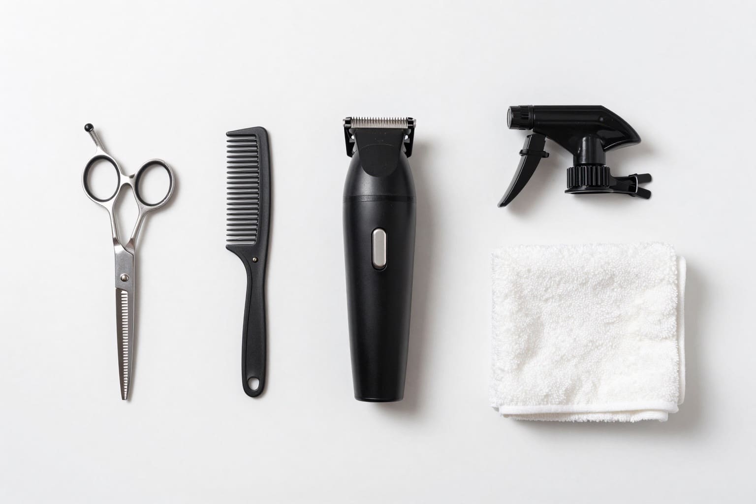 Flatlay mit Friseurschere, Kamm, Haarschneidemaschine und Sprühflasche auf hellem Untergrund