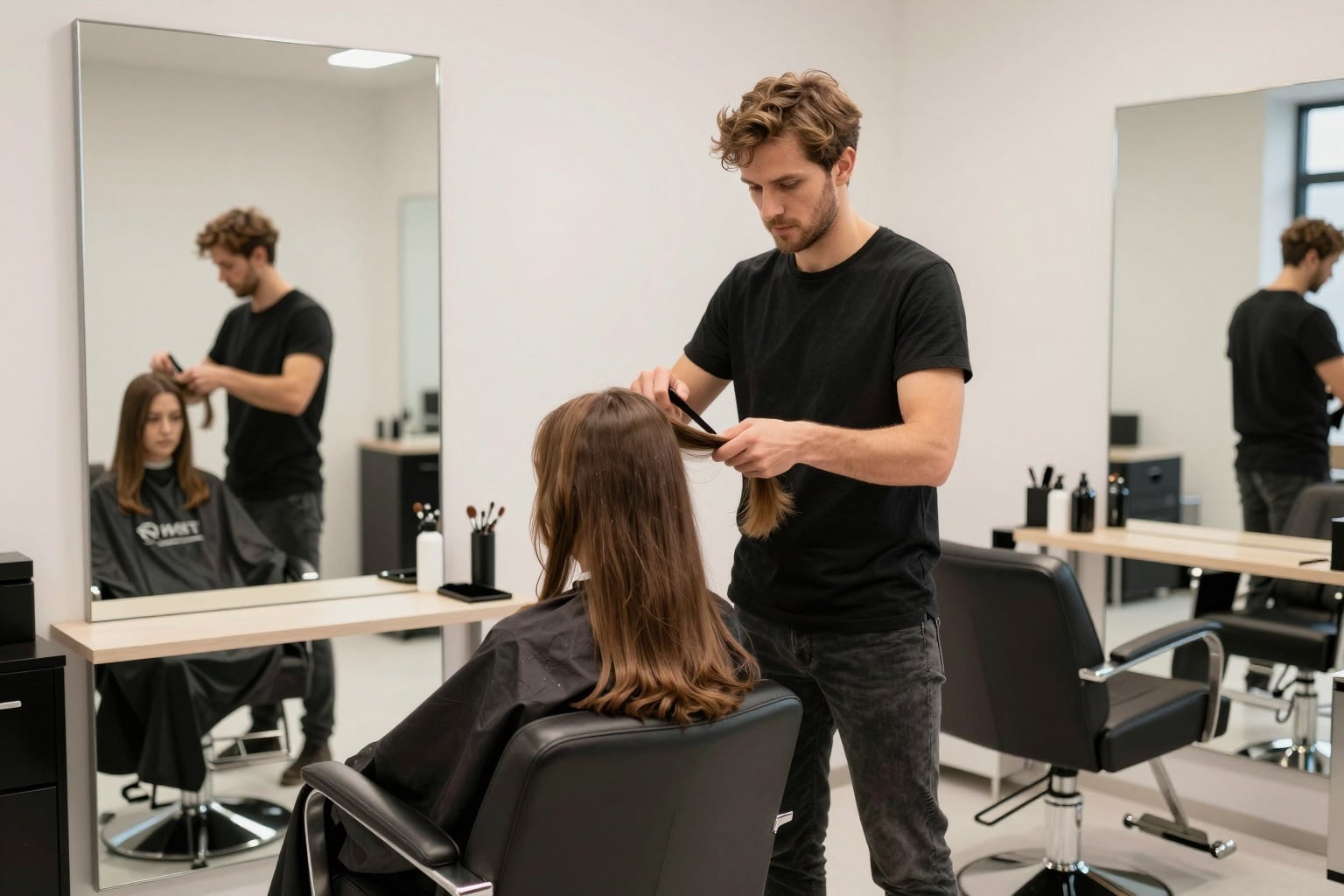 Friseursalon in Sachsen mit Stylist und Kundin am Spiegelplatz