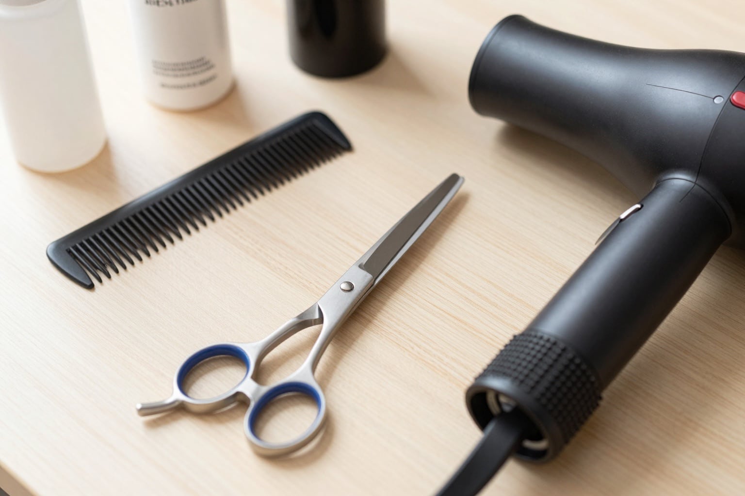 Friseurwerkzeug mit Schere, Kamm und Föhn auf hellem Holztisch