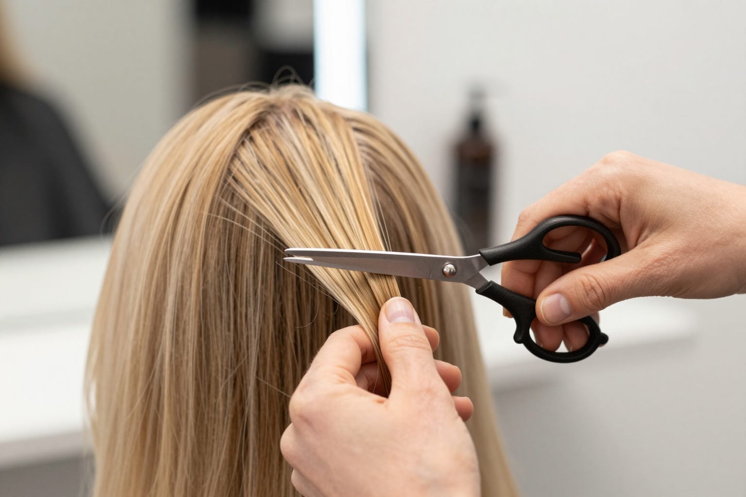 Friseur schneidet blondes Haar mit professioneller Schere