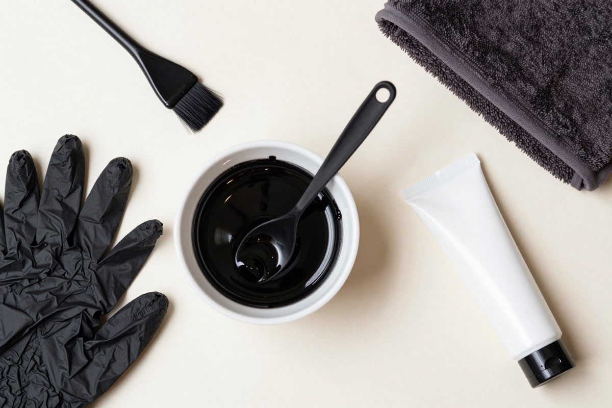 Färbeset für schwarze Haare: Pinsel, Schale, Handschuhe und Tönung