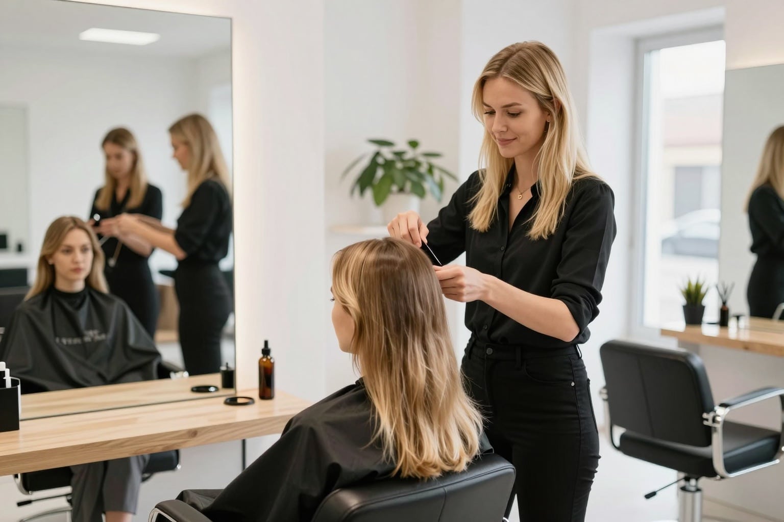 Friseurin frisiert eine Kundin in einem hellen Salon in Schleswig-Holstein