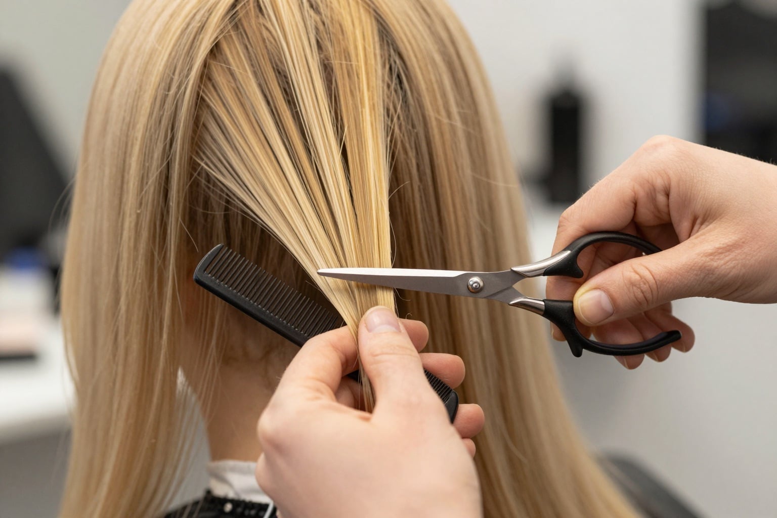 Friseur schneidet blondes Haar mit Schere und Kamm im Detail