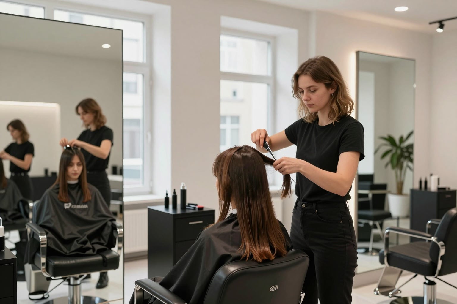Moderner Friseursalon in Thüringen mit Friseurin bei der Arbeit