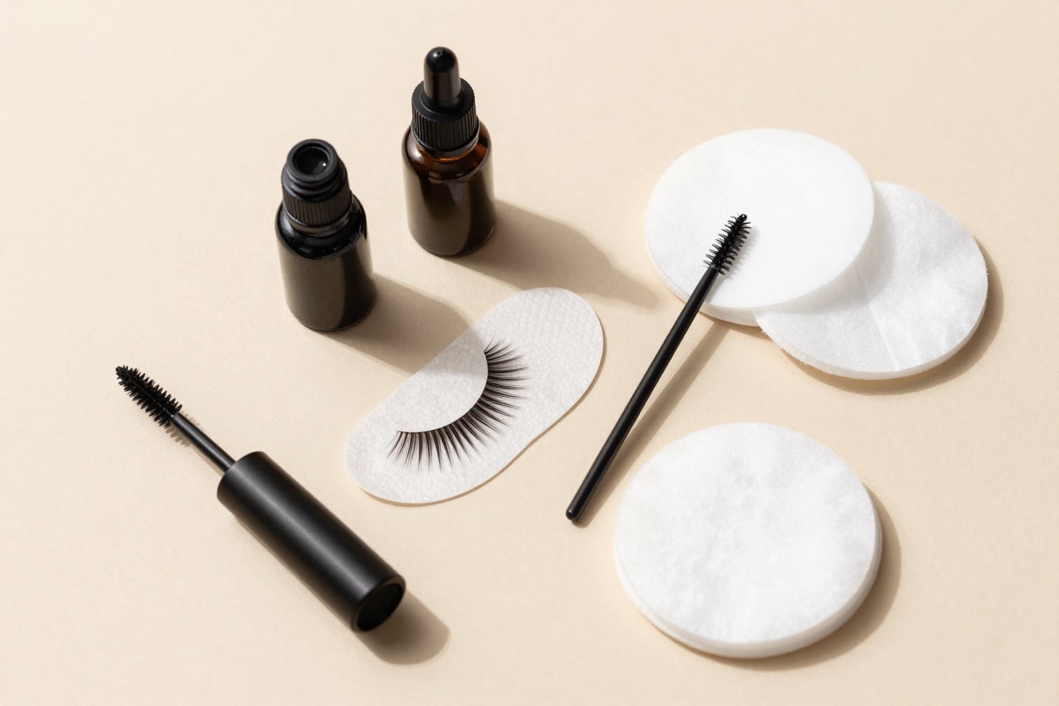 Wimpernfarbe-Set mit Tönung, Entwickler, Applikator und Augenpads als Flatlay